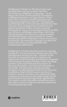Text auf Deutsch beschreibt Wolfgang W. Schülers Beitrag zur Lauftherapie. Text auf Englisch bietet dieselbe Info. Logo von tredition.