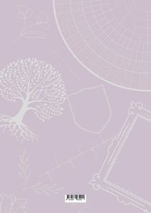 Ein Barcode ist unten zentriert. Illustration: Baum, Blume, Schild, dekorativer Rahmen und Kreiselement auf hellviolettem Hintergrund.