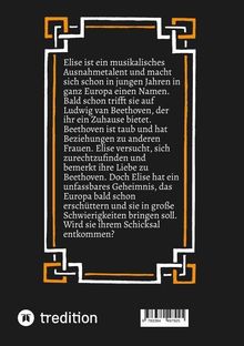 Text in einem weißen und orange umrahmten Rechteck beschreibt das musikalische Talent von Elise und ihr Geheimnis mit Beethoven.