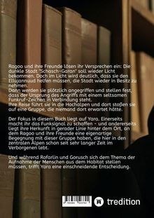 Text über eine spannende Reise und mysteriöse Angriffe, Fokus auf Yara, Entscheidungen in den entlegenen Alpen. Links Bücher.