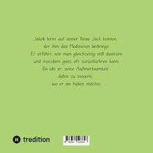 Text beschreibt, wie Jakob auf seiner Reise Jack trifft. Jack lehrt Jakob das Meditieren und die Steuerung der Aufmerksamkeit. Oben hellgrüner Hintergrund, unten links ein Logo.