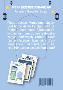 Titel: "MEIN BESTER RAMADAN". Beschreibung: Anleitung zur Ramadan-Planung mit Kalender und Fasten-Tracker. Hintergrund: Blau, Dekor: Laternen.