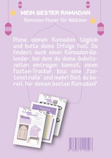 Titel: "MEIN BESTER RAMADAN". Ein lila Planer-Cover mit Laternen und Sternen. Zeigt Kalenderblätter und Tracker.