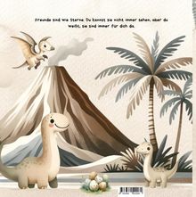 Freunde sind wie Sterne. Illustration mit Dinosauriern, einem Vulkan, Palmen und Dino-Eiern im Vordergrund.
