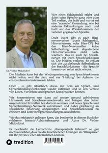 Das Bild zeigt einen Text über die Wiedererlangung von Sprachfunktionen nach einem Hirnverlust. Links ist ein Porträt von Dr. Volker Middeldorf. Darunter steht der Name "Dr. Volker Middeldorf". Unten links befindet sich das "tredition"-Logo.