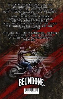 Text über Motorräder und Clubleben, betont persönlichen Wandel. Unten ein Mann auf einem Motorrad mit "BEUNDONE." Schriftzug.