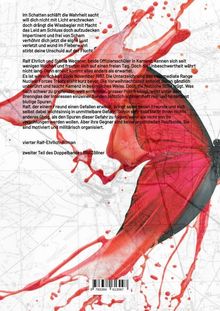 Texte beschreiben einen spannenden Roman. Der Hintergrund zeigt einen roten Schmetterling und Kartenmuster.