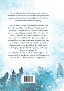 Ein Text über Mara, die sich als Mörderin eines Eiswolfs ausgibt, um ihre Schwester zu schützen und ein Geheimnis zu lüften. Im Hintergrund sind schemenhaft Bäume vor blauem Himmel zu sehen.