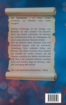 Buchrücken-Text auf Pergament mit einer Beschreibung einer Fantasy-Geschichte und blauer Hintergrund mit roten Mustern.