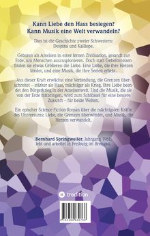 Kann Liebe den Hass besiegen? Kann Musik eine Welt verwandeln? Geschichte von Despina und Kalliope. Autor: Bernhard Springweiler. Buntes, geometrisches Hintergrundmuster.