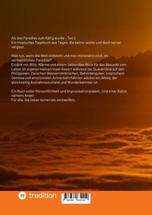 Ein Buch über Isolation in einem Insel-Resort, voller Menschlichkeit und Humor. Sonnenuntergang im Hintergrund. Unten links ein Logo.
