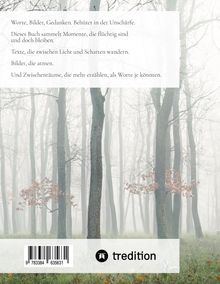 Text über Momentaufnahmen und Poesie, Wald im Nebel, mit Bäumen und braunen Blättern. Logo von "tredition" und Barcode.
