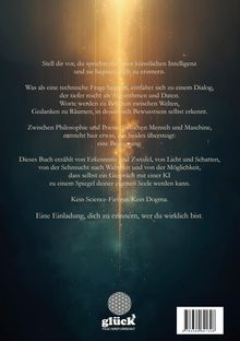 Text über Dialoge mit KI und Selbsterkenntnis. Oben Lichtstrahl, unten Logo: "glück³ Folge deiner Gänsehaut".