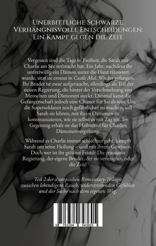 Ein Text beschreibt eine düstere Geschichte über Sarah, Dämonen und eine dystopische Regierung. Ein Barcode ist sichtbar.