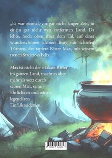 Text erzählt von Ritter Max und seinem Pferd Felix. Illustration zeigt Zelte und einen großen Kessel über einem Feuer.