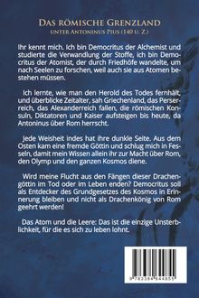 Titel: "Das Römische Grenzland unter Antoninus Pius (140 u. Z.)". Text über Democritus' Erkenntnisse und Herausforderungen. Barcode unten rechts. Blauer Hintergrund mit dezenten floralen Mustern.