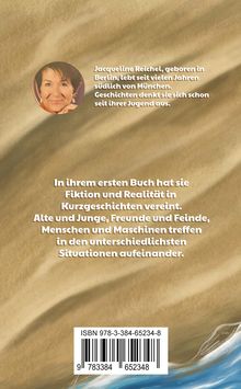 Jacqueline Reichel beschreibt fiktive und reale Begegnungen. Sandiger Hintergrund, Wellenmotiv unten, ISBN und Porträtfoto.