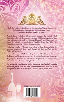 Ein goldfarbenes Krönchen-Logo auf rosa Hintergrund. Text über Schicksal, Liebe, königliche Pflichten und modernes Leben.