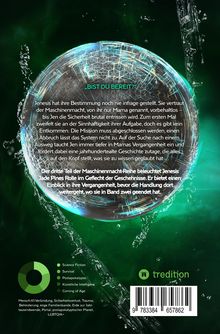 Text: „BIST DU BEREIT?“ Eine Geschichte über Jenesis, Maschinenmacht, und Vergangenheit. Grünes Globe-Design im Hintergrund.