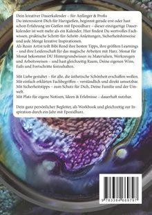 Text beschreibt einen kreativen Dauerkalender mit Epoxidharz-Tipps, Sicherheitsanweisungen und Platz für eigene Notizen, unterlegt mit abstrakten, bunten Harzmuster.