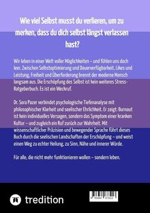 Ein Buchcover mit Text über Selbstverlust und Erschöpfung. Es behandelt Burnout und bietet wissenschaftliche Einsichten. Logo von tredition.