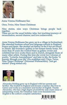 Anna Verena Hoffmann Sax: Once, Twice, Nine Times Christmas. Neun Erzählungen über Versöhnung und neue Chancen. Biografie von A.V.H.S. und Info zu Alexandra Fielding, Übersetzerin.