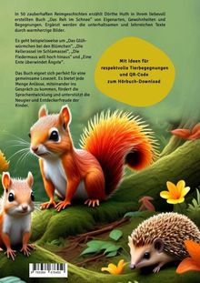 Ein Buch mit Reimgeschichten und QR-Code, darauf eine Illustration von zwei Eichhörnchen und einem Igel auf grünem Boden.