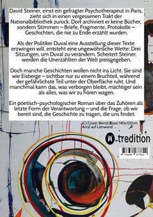 Text über David Steiner, einem Psychotherapeuten, der Geschichten archiviert und eine Wette eingeht, um einen Politiker zu verändern. Unten ein buntes, kreisförmiges Gemälde.
