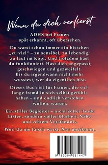 Text: "Wenn du dich verlierst. ADHS bei Frauen spät erkannt, oft übersehen." Hintergrund: Roter Sonnenuntergang.