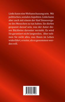 Text über Weltanschauung und Sinnesorgane, verspricht Unterhaltung. Roter Hintergrund mit ISBN-Strichcode unten.