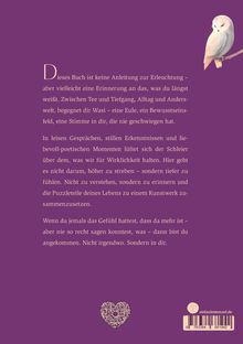 Text beschreibt das Buch als Erinnerung und Einladung zur Selbstentdeckung. Enthält Eule auf lila Hintergrund.