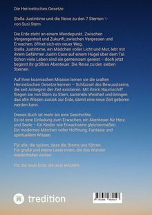 „Die Hermetischen Gesetze“, Buchbeschreibung über Abenteuer und Weisheit. Einladung zum Erwachen für alle Altersgruppen. Blaues Hintergrunddesign.