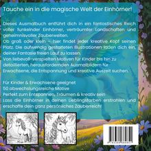 Ein Text beschreibt ein Ausmalbuch über Einhörner in einer magischen Welt. Zwei schwarz-weiße Einhorn-Illustrationen sind darunter.