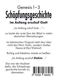 Text über Schöpfungsgeschichte, deutsche und hebräische Übersetzungen, Name Elohim, Barcode unten rechts.