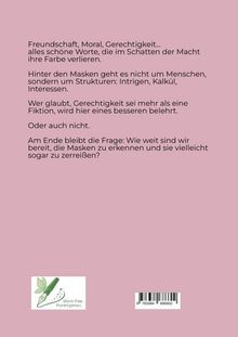 Ein rosa Hintergrund mit schwarzem Text über die Illusion von Gerechtigkeit. Unten links ein Logo mit einem Blatt und Stift.