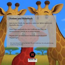 Vorlese- und Bilderbuch über Juna, eine Giraffe mit rotem Fell. Sie entdeckt, warum sie anders aussieht. Zwei gelbe Giraffen lächeln.