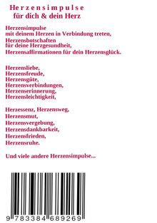 „Herzensimpulse für dich & dein Herz“ in roter Schrift, darunter zahlreiche Begriffe zu Herzthemen. Darunter ein Barcode.