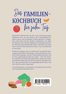 "Das FAMILIEN-KOCHBUCH für jeden Tag" ist in blauer Schrift geschrieben. Essen-Illustrationen schmücken das Layout.