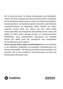 Texte: "Der 21. Band der Reihe... Psychoanalyse und Filmtheorie", "Werner Herzog... Mythos, Wahn und Wirklichkeit", "tredition" (Logo). Schwarz-weißer Text auf weißem Hintergrund.