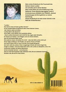 Text über ein Kinderbuch über den Löwen Lumba mit einem Foto und einer Illustration mit Kamel, Mensch und Kaktus.
