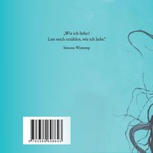 "Wie ich liebe? Lass mich erzählen, wie ich liebe." Simone Wystemp. Hintergrund in hellem Türkis, rechte Seite mit dunklen Linien.