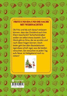Titel: "FRITZ UND IDA UND DIE SACHE MIT WEIHNACHTEN." Hintergrund grün mit roten Geschenken und Sternen. Kleines Bild unten zeigt zwei Kinder beim Weihnachtsbaum.