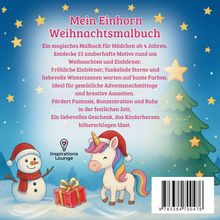"Mein Einhorn Weihnachtsmalbuch" steht in großer Schrift. Ein Einhorn mit Weihnachtsmütze, ein Schneemann und ein Geschenk sind abgebildet.