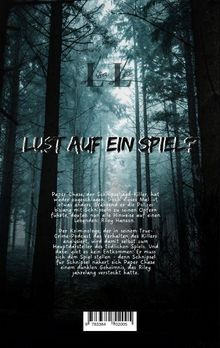 Text in der Mitte: "Lust auf ein Spiel?" Wald mit hohen Bäumen, mystische Atmosphäre, bläulich-dunkle Farbtöne.