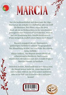 Titel "Marcia". Text über eine Geschäftsfrau, Familie und eine Fake-Beziehung zu Weihnachten. Schneeflocken und rote Beeren verzieren.