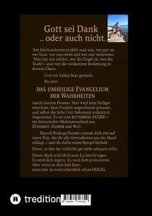 Text: "Gott sei Dank .. oder auch nicht. DAS UNHEILIGE EVANGELIUM DER WAHRHEITEN ..."  
Oben rechts kleines Bild von einem Mann in der Natur.