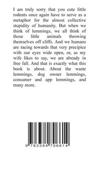 Text über Lemminge als Metapher für menschliche Dummheit, erwähnt Buchthema. Darunter ein Strichcode.