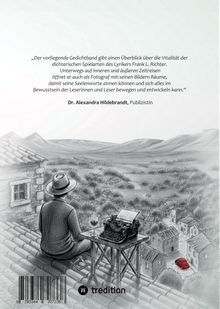 Zitat von Dr. Alexandra Hildebrandt über einen Gedichtband. Zeichnung: Figur mit Hut auf einem Dach, Schreibmaschine, Landschaft.