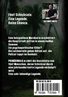 Fünf Schicksale. Eine Legende. Keine Chance. Tropischer Wald im Hintergrund; Bild einer Person oben rechts.