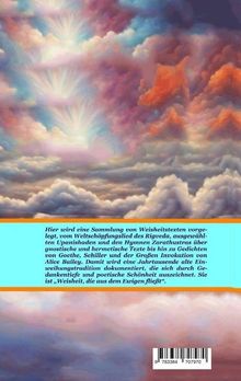 Ein poetischer Text beschreibt eine Sammlung von Weisheitstexten. Im Hintergrund ein farbenfroher Himmel mit dramatischen Wolken.